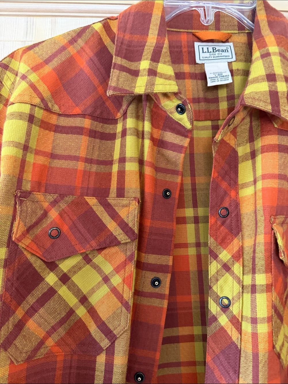 L.L. Bean Plaid Flannel Shirt - Yellow & Rust Orange - Picture 3 of 7